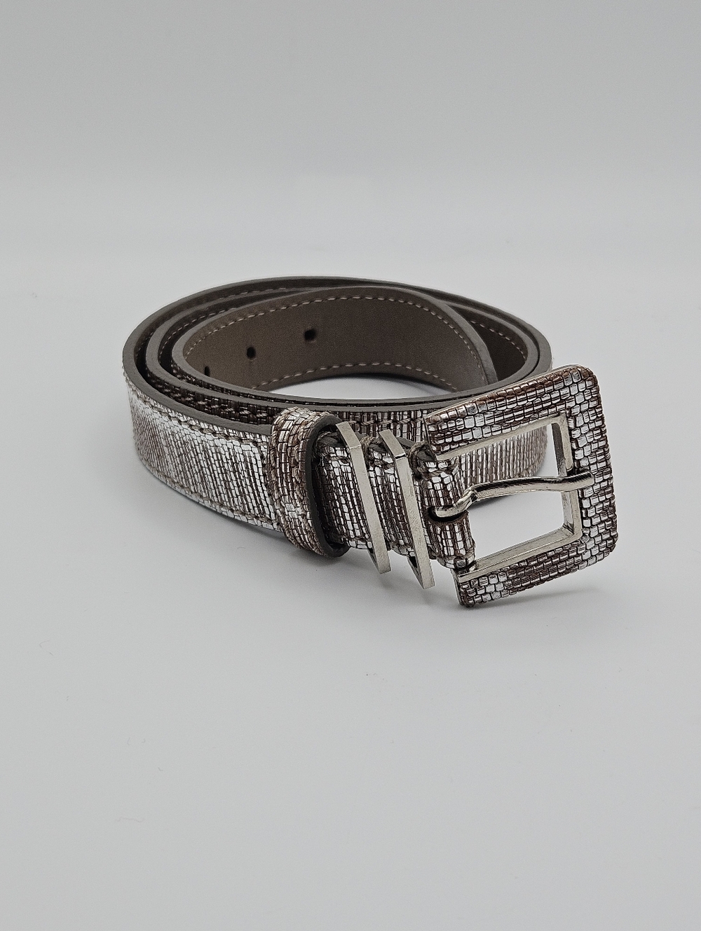 LK Bennett leather belt metallic silver tan scale size S/M